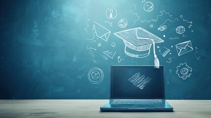 A laptop with a graduation cap on it, placed on a wooden table against a blue chalkboard background.