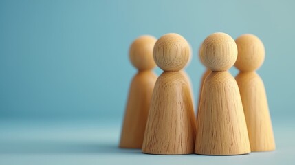Four wooden figures standing in a row on a blue background