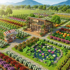  A top-down rural café scene, surrounded by rows of colorful flowers, homegrown vegetables, a lotus pond, and a tiny village grocery booth, nestled in lush farmland and mountain landscape, 