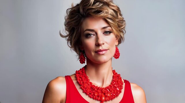 Elegant woman wearing red coral beaded necklace and matching earrings. Fashion portrait with sophisticated jewelry accessories and professional styling. Beauty and glamour lifestyle concept.