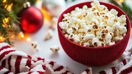 Cozy Red Bowl of Popcorn Surrounded by Holiday Decorations