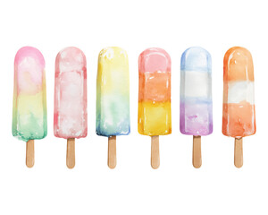 Seven Pastel Watercolor Popsicles on Transparent Background, PNG
