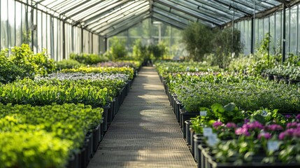A lush, green garden with a variety of plants and flowers, including purple and white flowers, in a greenhouse setting.