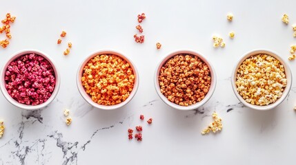 Colorful Bowls of Popcorn on White Marble Surface for Snack Lovers