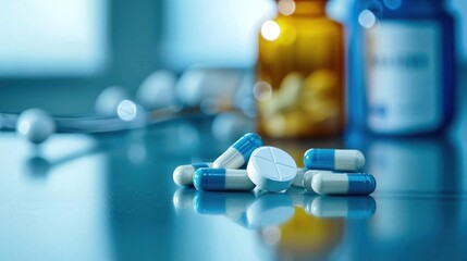 A blue and white pill bottle with a blue and white pill inside, placed on a blue surface with a blue background.