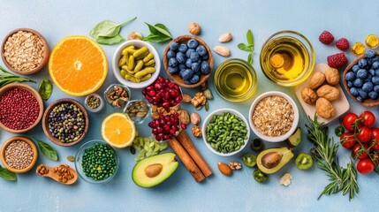 A colorful arrangement of fruits and vegetables on a blue background.