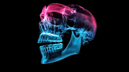 A colorful X-ray image of a human skull, with pink and blue hues, against a black background.
