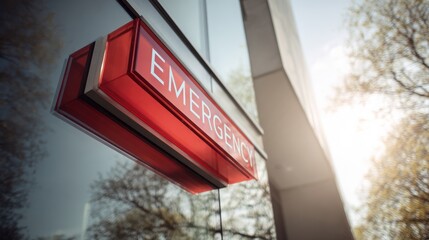 Obraz premium Architecture detail of emergency entrance sign in red translucent glass, modern hospital design with clear sky and soft-focus trees around