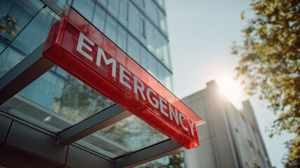 Obraz premium Architecture detail of emergency entrance sign in red translucent glass, modern hospital design with clear sky and soft-focus trees around