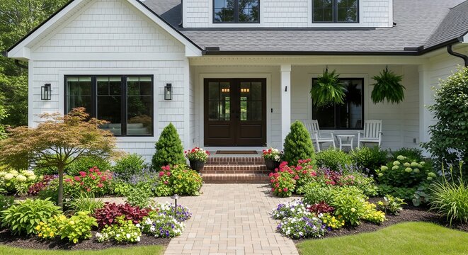 Elegant, white modern farmhouse with a welcoming porch, front yard garden bursting with colorful flowers, and a brick walkway leading to the front door.