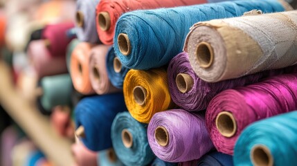 A colorful array of fabric spools stacked on a shelf in a fabric store.