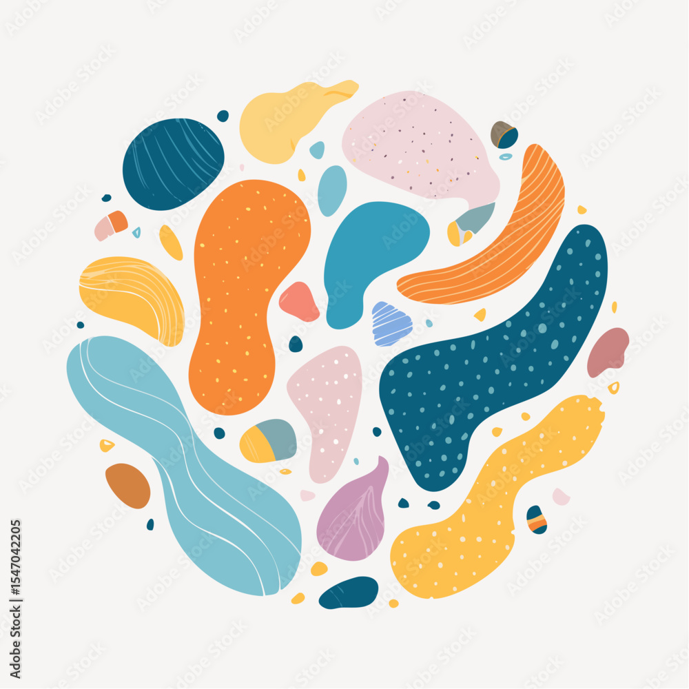 Poster abstract colorful shapes arranged in a circular pattern on a light background