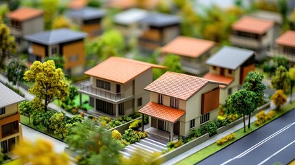 A miniature model of a residential neighborhood with houses, trees, and roads.