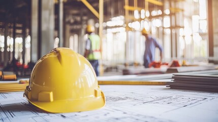 A yellow construction helmet with a blue and yellow safety vest on a construction site with a blueprint in the foreground.