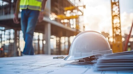 A construction worker in a yellow vest and blue jeans walks past a pile of blueprints on a construction site.