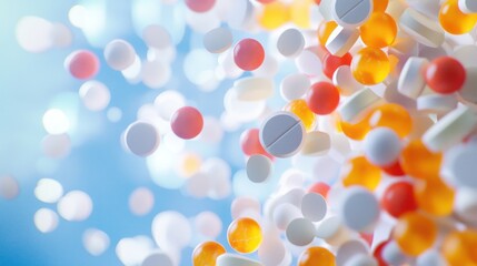 A colorful assortment of pills and capsules against a blue background.