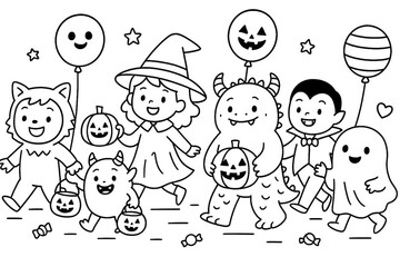 a black and white line art illustration, suitable for a Halloween coloring page for children. It depicts a group of cheerful children and characters dressed in various Halloween costumes, including a 