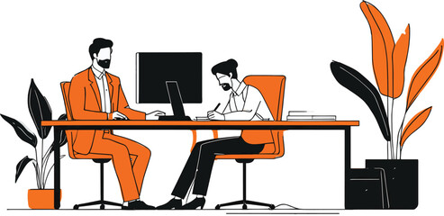 This vector illustration depicts a woman sitting at an office desk, diligently working on her laptop