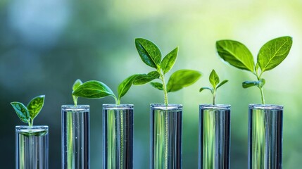 A row of green and red plants growing in test tubes against a blurred green background.