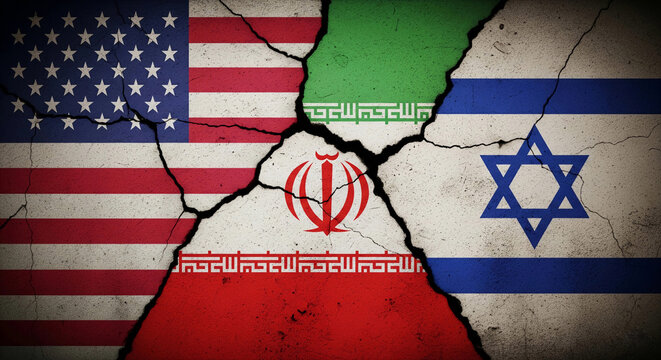 symbolizes geopolitical tension, showing the flags of the U.S. Israel and Iran&rsquo;s flag painting on crack wall, reflecting strained relations and ongoing conflicts among these nations.