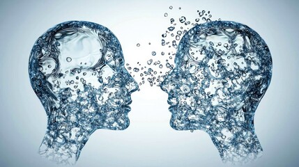 Two human heads with water flowing out of them, against a light blue background.