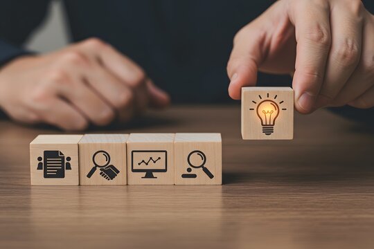 problem-solving methodology used for innovation and strategic development. Wooden blocks with icons, the key stages of the design thinking process, a solution-focused, Design Thinking Process concept