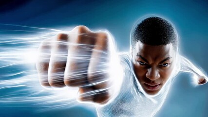 Powerful fist punch with electric energy lightning effects and glowing motion trails. Dynamic superhero action scene with intense facial expression, speed lines and electrical charge bursts impact