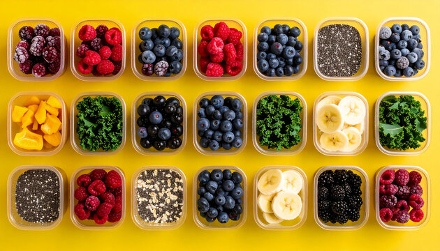  Flat lay of clear containers with prepped smoothie ingredients &mdash; frozen berries, kale, banana slices, chia seeds &mdash; placed on a bright lemon-yellow background, studio lighting