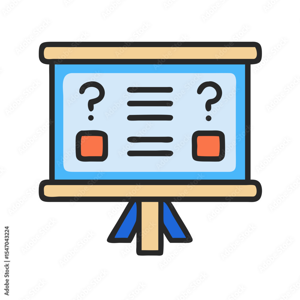 Poster presentation board with question marks and bullet points