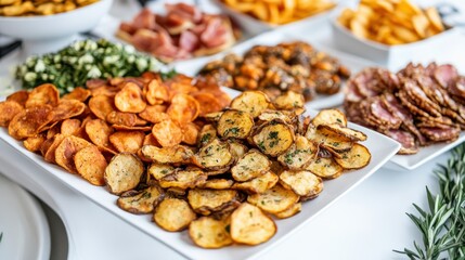 Assorted Crunchy Snacks on a Platter with Dips and Toppings