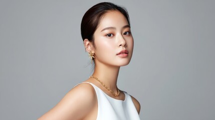  Portrait of graceful Asian woman in modern attire with smooth skin, tied-back hair, and soft expression, set against a neutral gray background.  