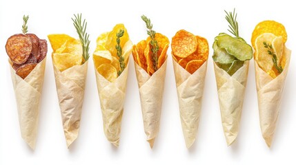 Colorful Variety of Crispy Chips in Paper Cones Displayed Neatly