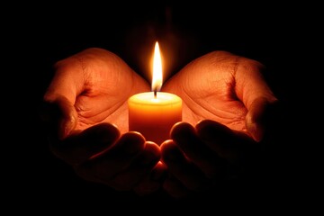 Two hands gently cup a burning candle, casting a warm glow in the surrounding darkness.