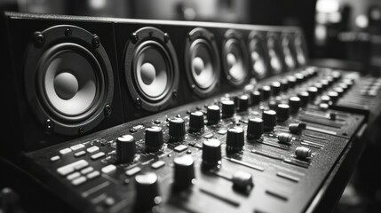 Audio Mixing Console and Studio Monitors in Black and White