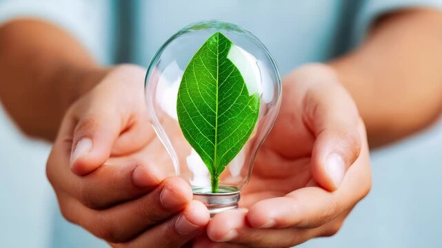 Green leaf inside lightbulb held in protective hands. Environmental protection concept with eco friendly innovation, sustainable energy ideas and nature conservation symbolism.