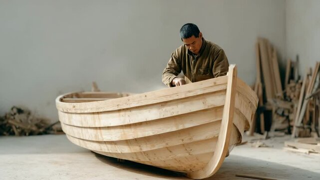 skilled shipbuilder working on traditional wooden vessel in serene workshop
