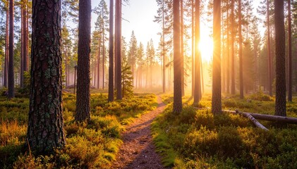 Fototapeta premium A winding trail meanders through a lush green forest, dappled sunlight filtering through the vibrant leaves, casting playful shadows on the ground.
