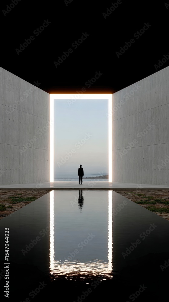 Poster man contemplating ocean view through modern minimalist architecture