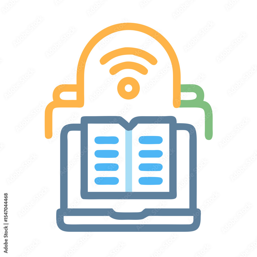 Poster laptop with open book and wireless connection internet learning