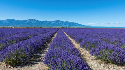 Fototapeta premium A vast expanse of lavender fields stretches towards a mountain range.