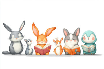 cartoon characters cute animals reading books white background