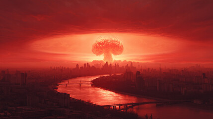 atomic bomb explosion with a big mushroom cloud. Nuclear explosion against the backdrop of a large city on the sea or ocean. Sunset. Apocalypse. War. Nuclear threat. Third World War.