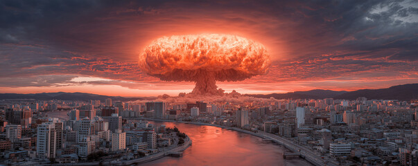 atomic bomb explosion with a big mushroom cloud. Nuclear explosion against the backdrop of a large city on the sea or ocean. Sunset. Apocalypse. War. Nuclear threat. Third World War.
