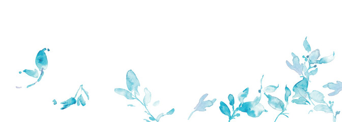 水彩画。水彩タッチの水色植物イラスト。水彩のベクター化している夏の葉っぱ素材。夏の植物フレーム背景。Watercolor painting. Water color plant illustration with watercolor touch. Watercolor vectorized summer leaves. Summer plants frame background.