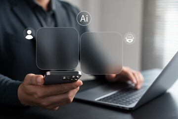 Artificial intelligence application concept. Businessman using smartphone with AI interface for...