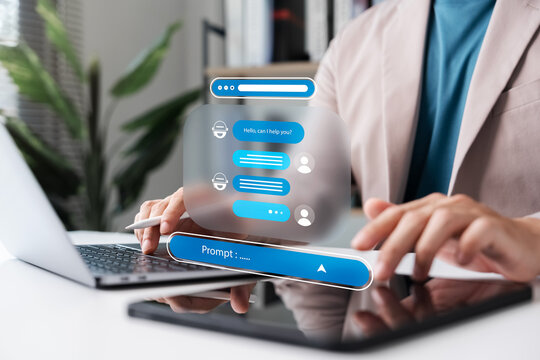 AI chatbots and automated conversations in digital business, businessman interacting with virtual chat interfaces on laptops and tablets to support and communicate with customers.