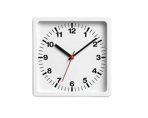 White square wall clock black number black hour hand black minute hand red second hand modern design isolated on transparency background simple minimalistic timepiece