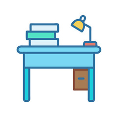 Cartoon Illustration of Desk with Books and Lamp