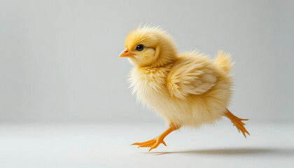 Fluffy Yellow Chick Mid-Stride with Orange Beak and Feet on White Surface