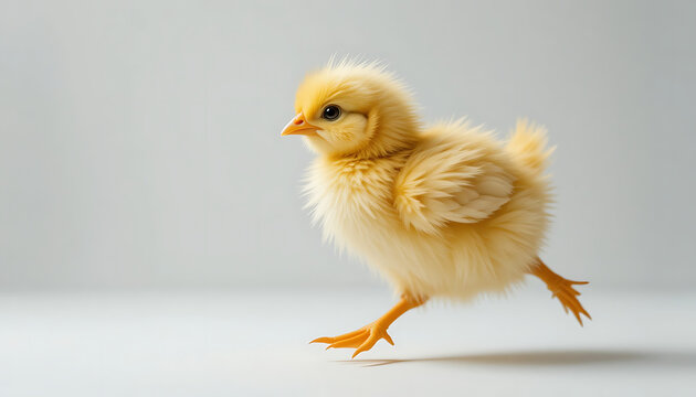 Fluffy Yellow Chick Mid-Stride with Orange Beak and Feet on White Surface